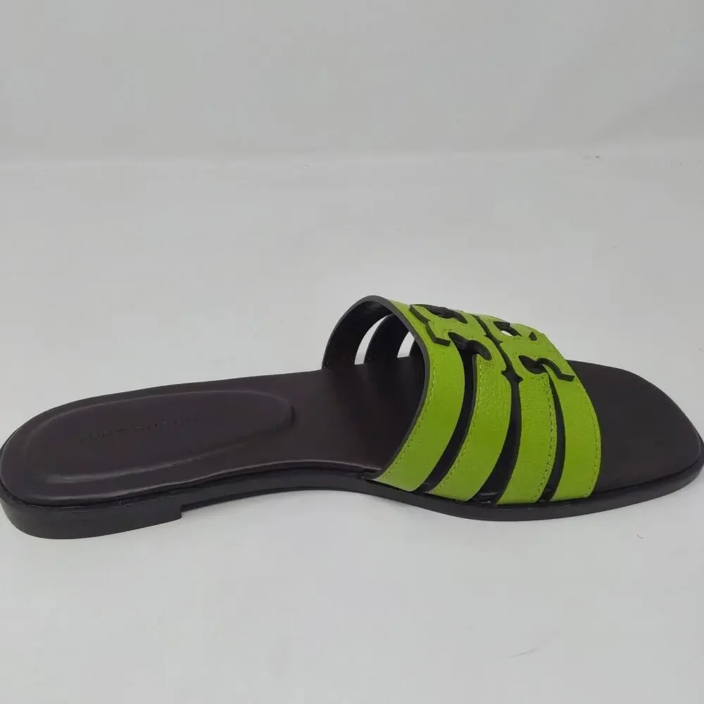 Tory Burch Ines Cage Slide Sandals Light Chartreuse Cocoa Leather US 8